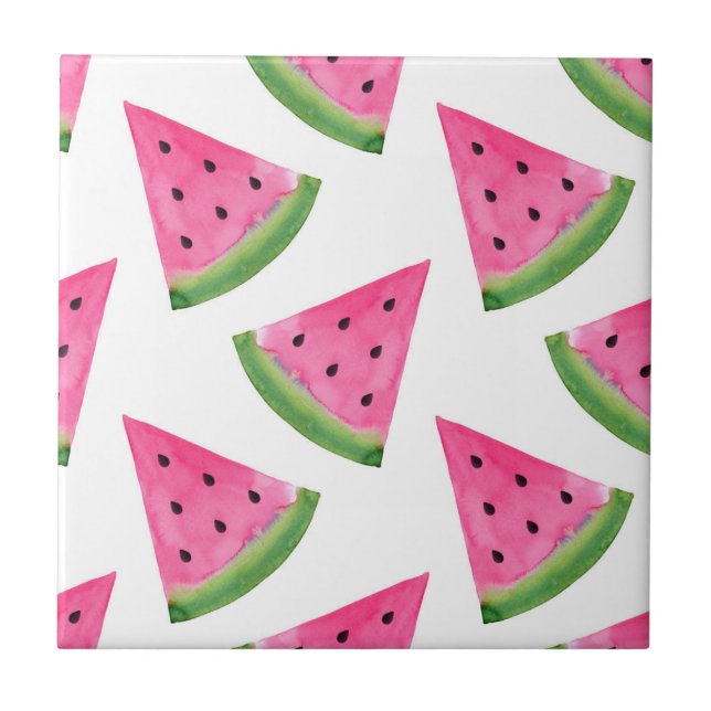 Watercolor Watermelon Wedge Pattern Ceramic Tile (Front)