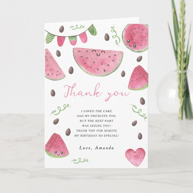 Watercolor watermelons birthday party thank you (Front)