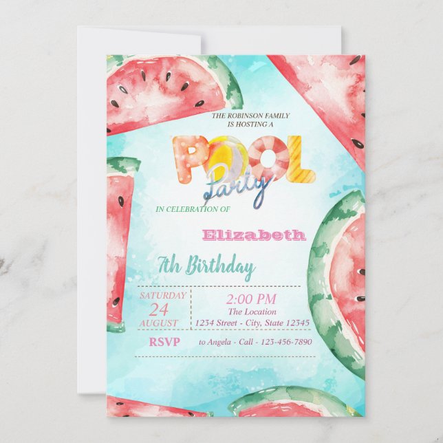 Watercolor Watermelons Pool Party Invitation (Front)