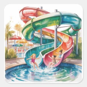 Watercolor Waterslide Kids Birthday Party Square Sticker