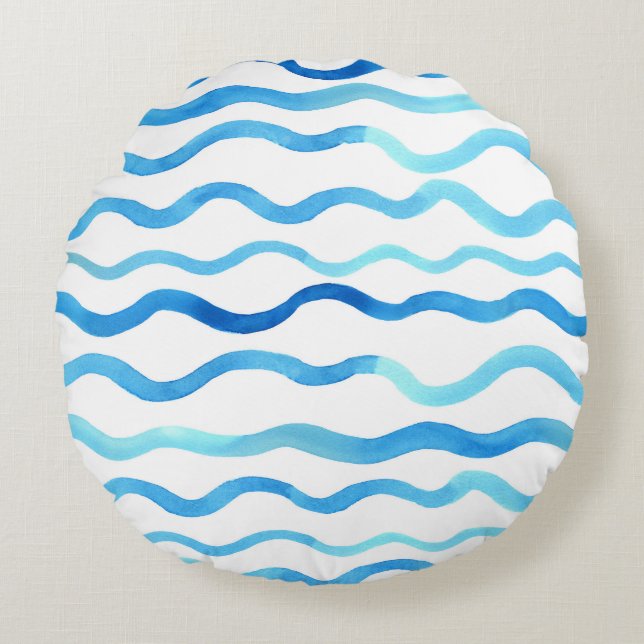 Watercolor Waves: Blue Turquoise Seamless. Round Cushion (Front)