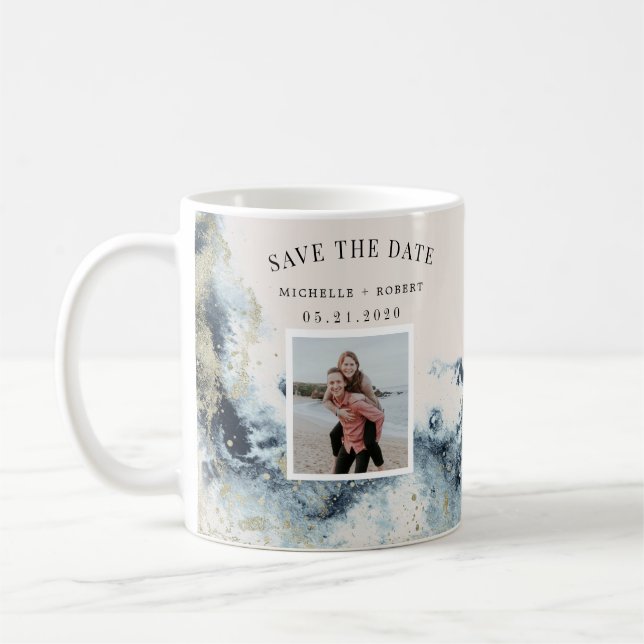 Watercolor Waves Coastal Save The Date Photo Coffee Mug (Left)