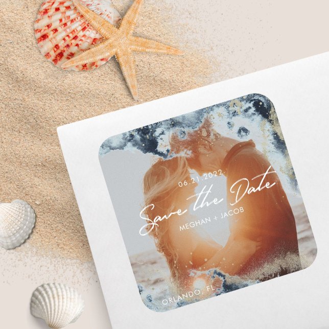 Watercolor Waves Photo Save the Date Square Sticker (Creator Uploaded)