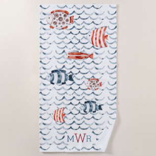 Watercolor waves red and blue fish triple monogram beach towel