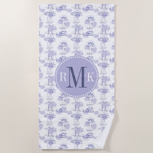 Watercolor Waves & Ships Pattern Beach Towel (Front)