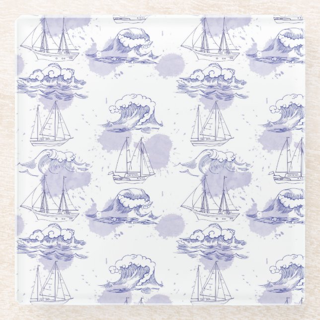 Watercolor Waves & Ships Pattern Glass Coaster (Front)