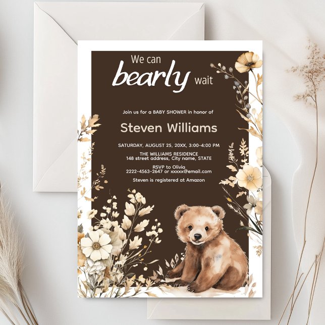 Watercolor we can bearly wait invitation (Cute bear with rustic blue flowers baby shower invitation)