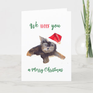 Watercolor We Woof you Merry Christmas Santa Dog Holiday Card