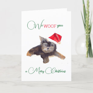 Watercolor We Woof you Merry Christmas Santa Dog Holiday Card