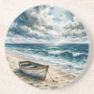 Watercolor Weathered Rowboat on a Coastal Beach Coaster