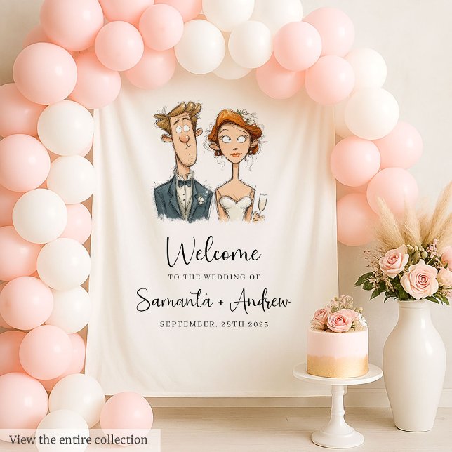 Watercolor Wedding Backdrop Bride Groom Quirky  Tapestry (Watercolor Wedding Backdrop Bride Groom Quirky Design)