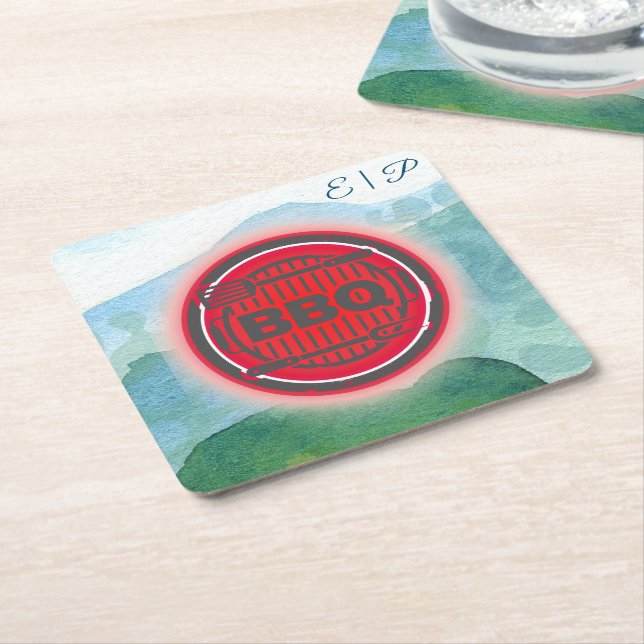Watercolor Wedding Barbecue  Square Paper Coaster (Angled)