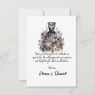 Watercolor wedding black dress pink rose wishes thank you card