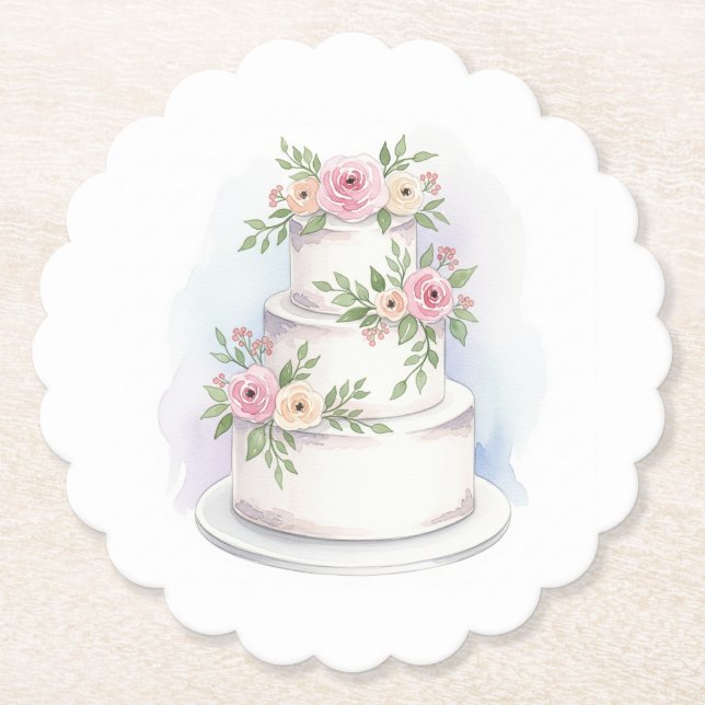 Watercolor Wedding Cake Paper Coasters (Front)
