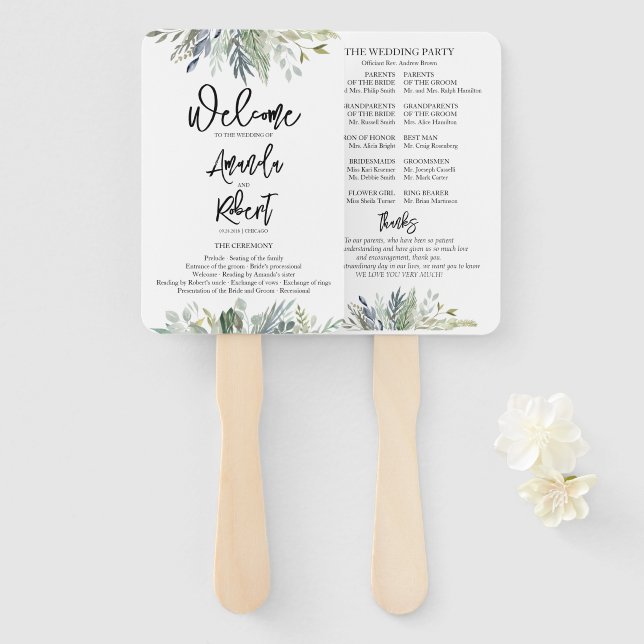 Watercolor Wedding Ceremony Program Hand Fan (Front and Back)