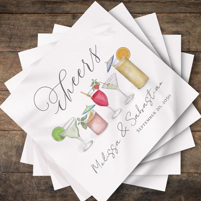 Watercolor Wedding Cocktails Personalised Napkin (Cheers, cute wedding cocktail napkin with cocktails artwork. )