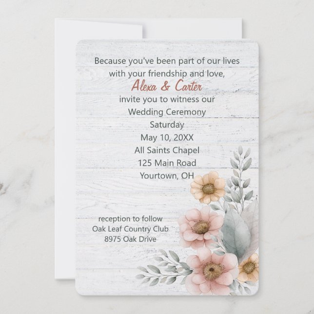 Watercolor Wedding Flowers On Wood Invitation (Front)