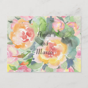Watercolor wedding flowers , template  postcard
