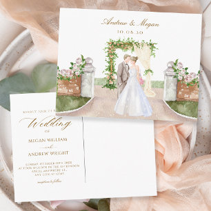 Watercolor wedding garden arch couple art postcard
