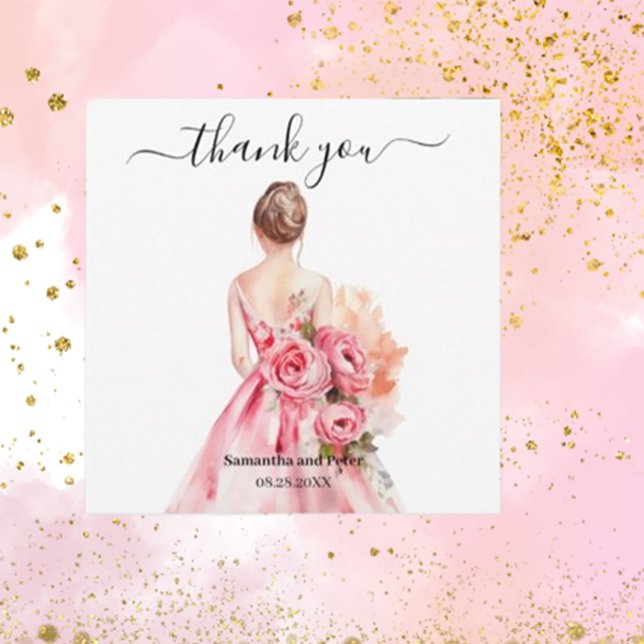 Watercolor Wedding Gown Thank You (Express your gratitude with Brett Designs' beautiful watercolor wedding gown gold thank you cards. )