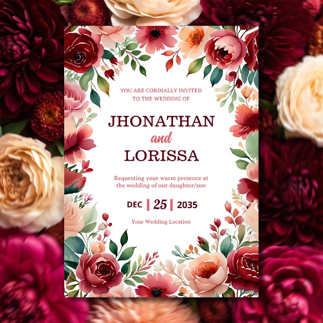 Watercolor Wedding Invitation Burgundy Floral (Creator Uploaded)