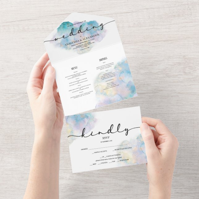 Watercolor wedding invitation/rsvp/menu.  all in one invitation (Tearaway)