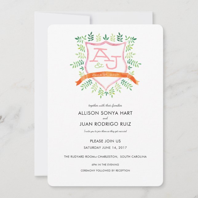 Watercolor Wedding Invitation with Crest Monogram (Front)