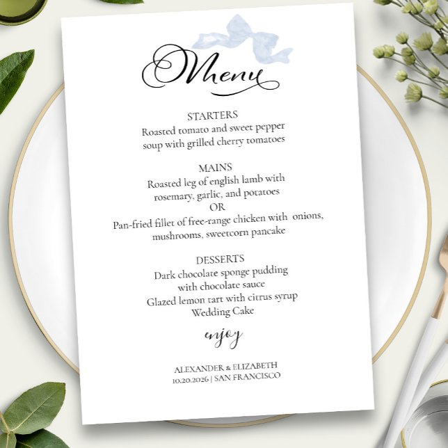 Watercolor Wedding Menus | Blue Bow Calligraphy Invitation (Creator Uploaded)
