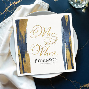 Watercolor Wedding Napkins Blue Abstract Gilded