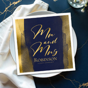 Watercolor Wedding Napkins Blue Abstract Gilded
