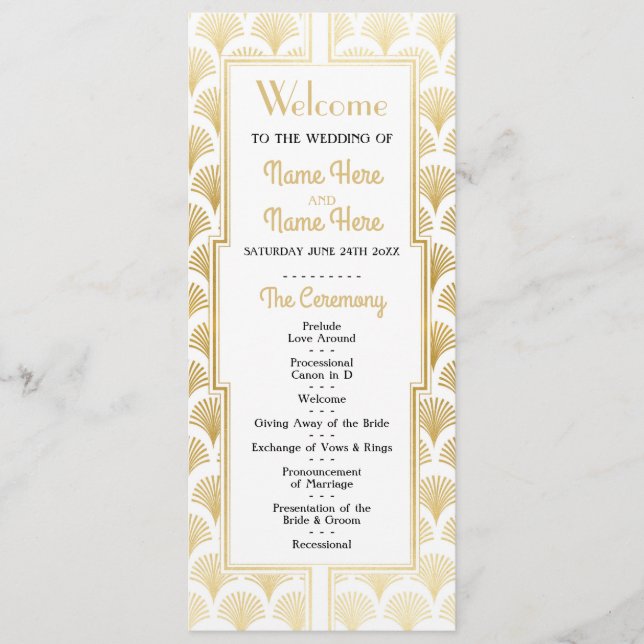 Watercolor Wedding Program 1920's Art Deco Gold (Front)