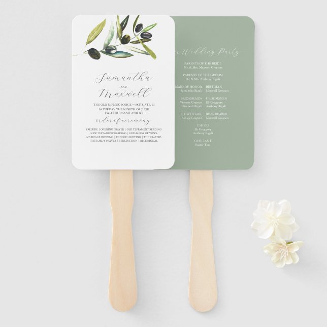 Watercolor Wedding Programs Olive Branch Greenery Hand Fan (Front and Back)
