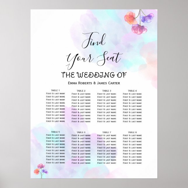 Watercolor Wedding Seating Chart Pink Blue (Front)