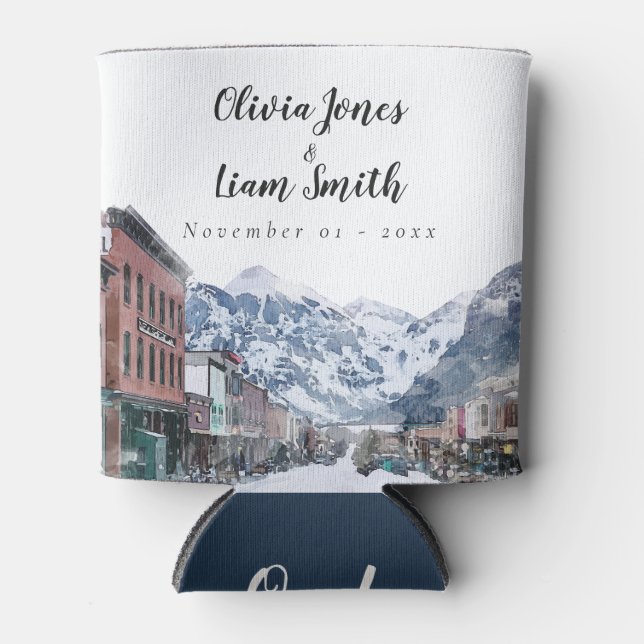Watercolor Welcome to Telluride Wedding Welcome Can Cooler (Front)