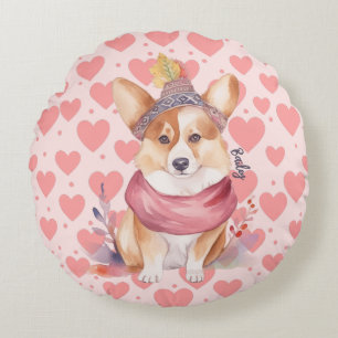 Watercolor Welsh Corgi Pink Hearts Round Cushion