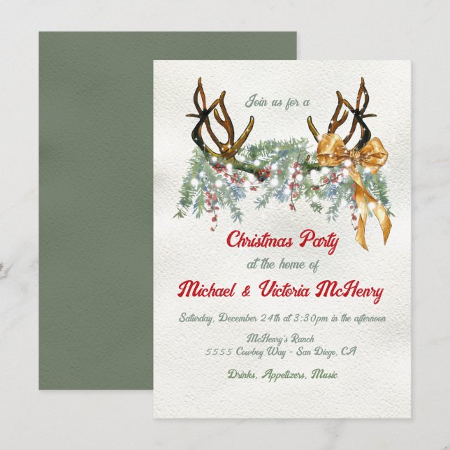 Watercolor Western Antler Christmas Party Invitation (Front/Back)