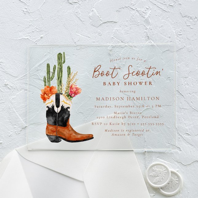 Watercolor Western Boot Scootin' Baby Shower Acrylic Invitations (Creator Uploaded)