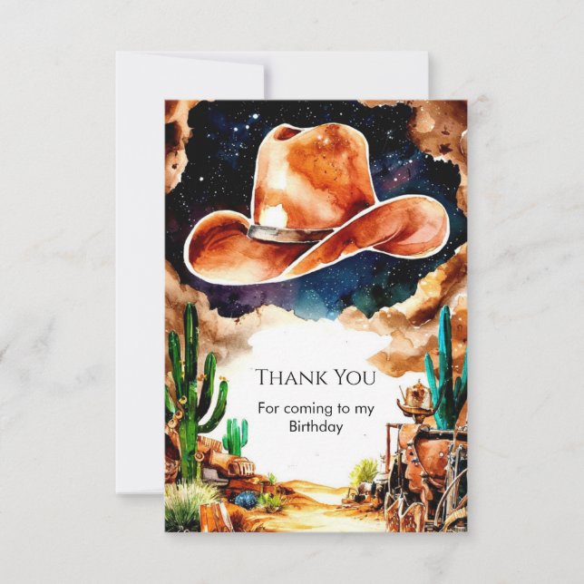 Watercolor Western Cowboy Birthday Thank You Card (Front)