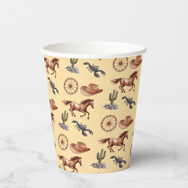 Watercolor Western Kid Art Tan Paper Cups (Front)