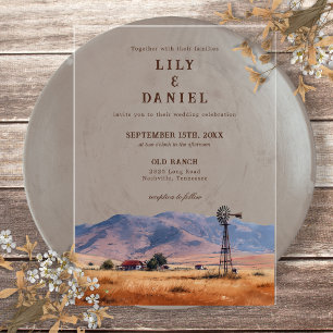 Watercolor Western Mountain Cowboy Ranch Wedding Acrylic Invitations