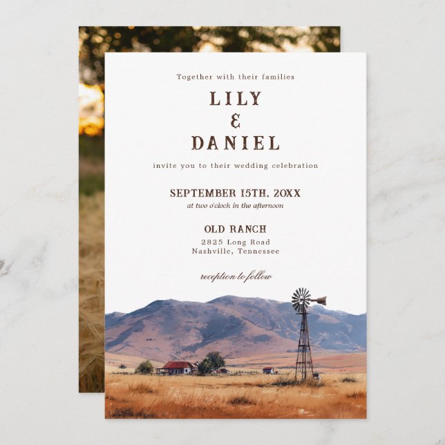 Watercolor Western Mountain Ranch Photo Wedding Invitation (Front/Back)