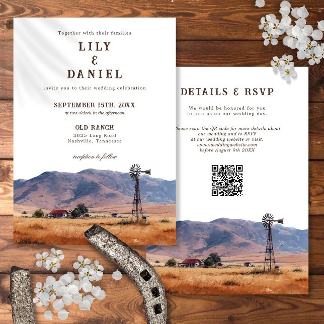 Watercolor Western Mountain Ranch QR Code Wedding Invitation (Watercolor Western Mountain Ranch QR Code Wedding Invitation)