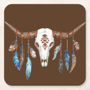 Watercolor Western Skull with Feathers Square Paper Coaster