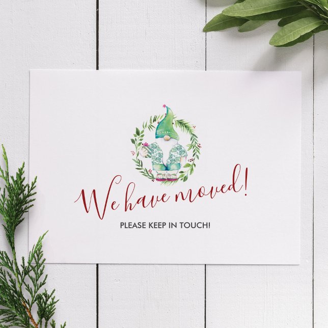Watercolor We've Moved Christmas Cards (Gnome Christmas cards moving announcements watercolor art by Victoria Grigaliunas of Do Tell A Belle)