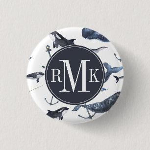 Watercolor Whale & Anchor Pattern 3 Cm Round Badge