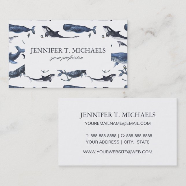 Watercolor Whale & Anchor Pattern Business Card (Front/Back)