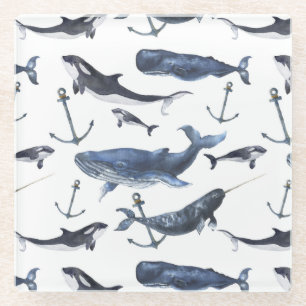 Watercolor Whale & Anchor Pattern Glass Coaster