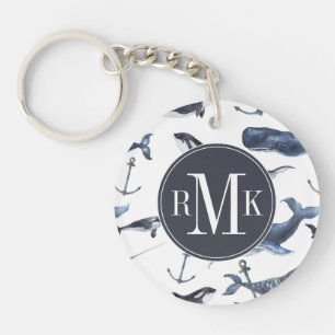 Watercolor Whale & Anchor Pattern Key Ring