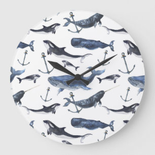 Watercolor Whale & Anchor Pattern Large Clock