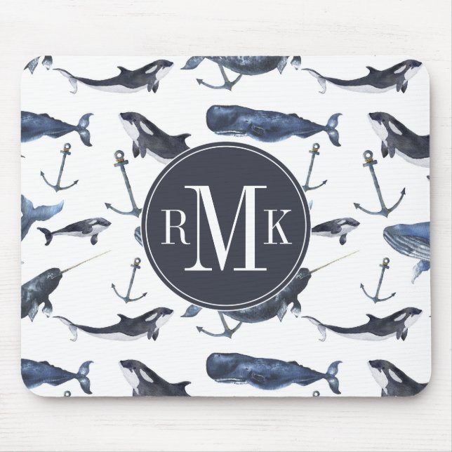 Watercolor Whale & Anchor Pattern Mouse Pad (Front)